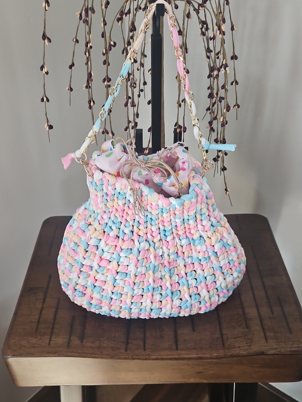 Pastel Hand Crocheted By Me Bucket Shoulder Bag - Pink Blue Cream